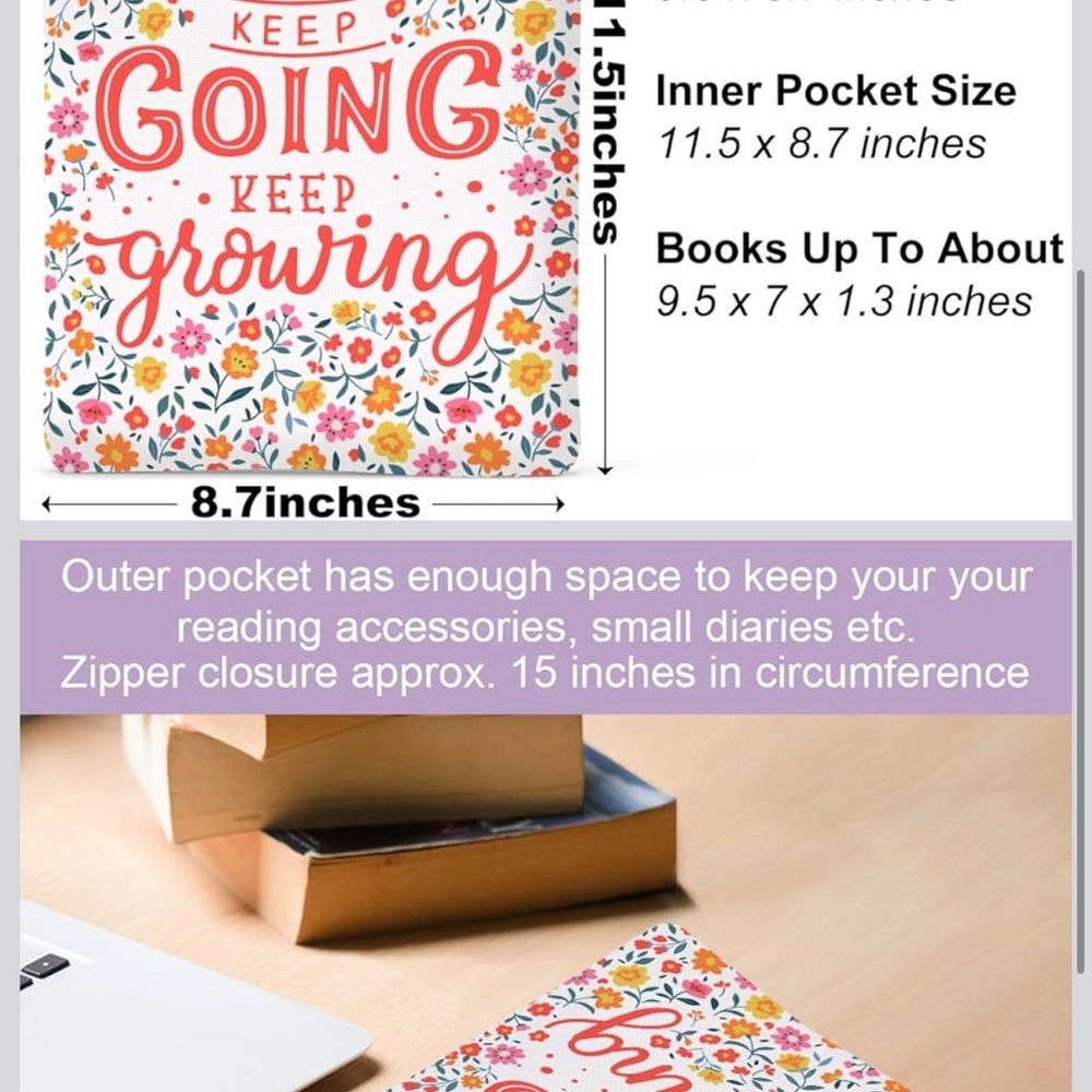 Floral 'Keep Going Keep Growing’ book sleeve - Picture 2 of 3